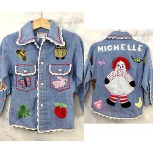 VTG 60s Toddler Button Down Shirt 4T Chambray Embroidery RaggedyAnn MICHELLE 50s